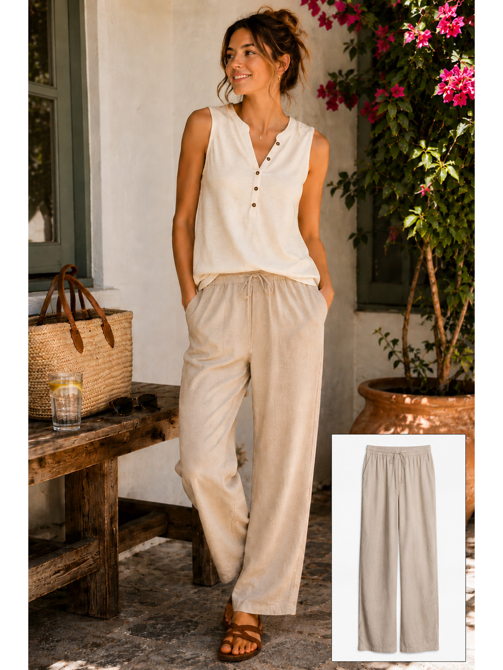 H&M Linen Pants Women Small Beige Oatmeal Elastic Waist Wide Leg Relaxed Beach